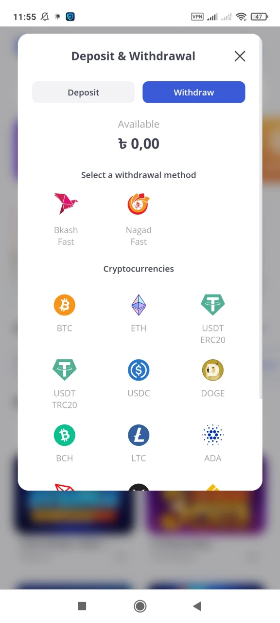Go to the withdrawal section at Glory Casino.